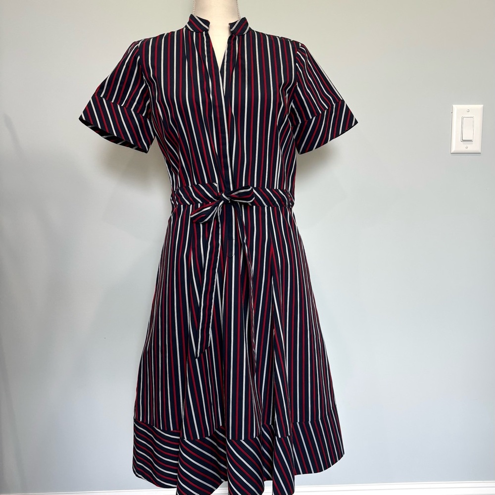 Brooks Brothers Shirt Dress 8 Navy Blue Red White Stripes Cotton Pockets